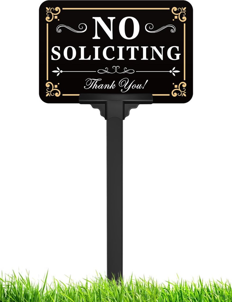 multiwins No Soliciting Sign for House with Stake - Adjustable Height - 12 x 8 Inch/37 Inch High - 50-mil Thick Aluminum -Metal No Soliciting Yard Sign for Home/Front Door and Business (Rectangle-Gold-02) - Image 1